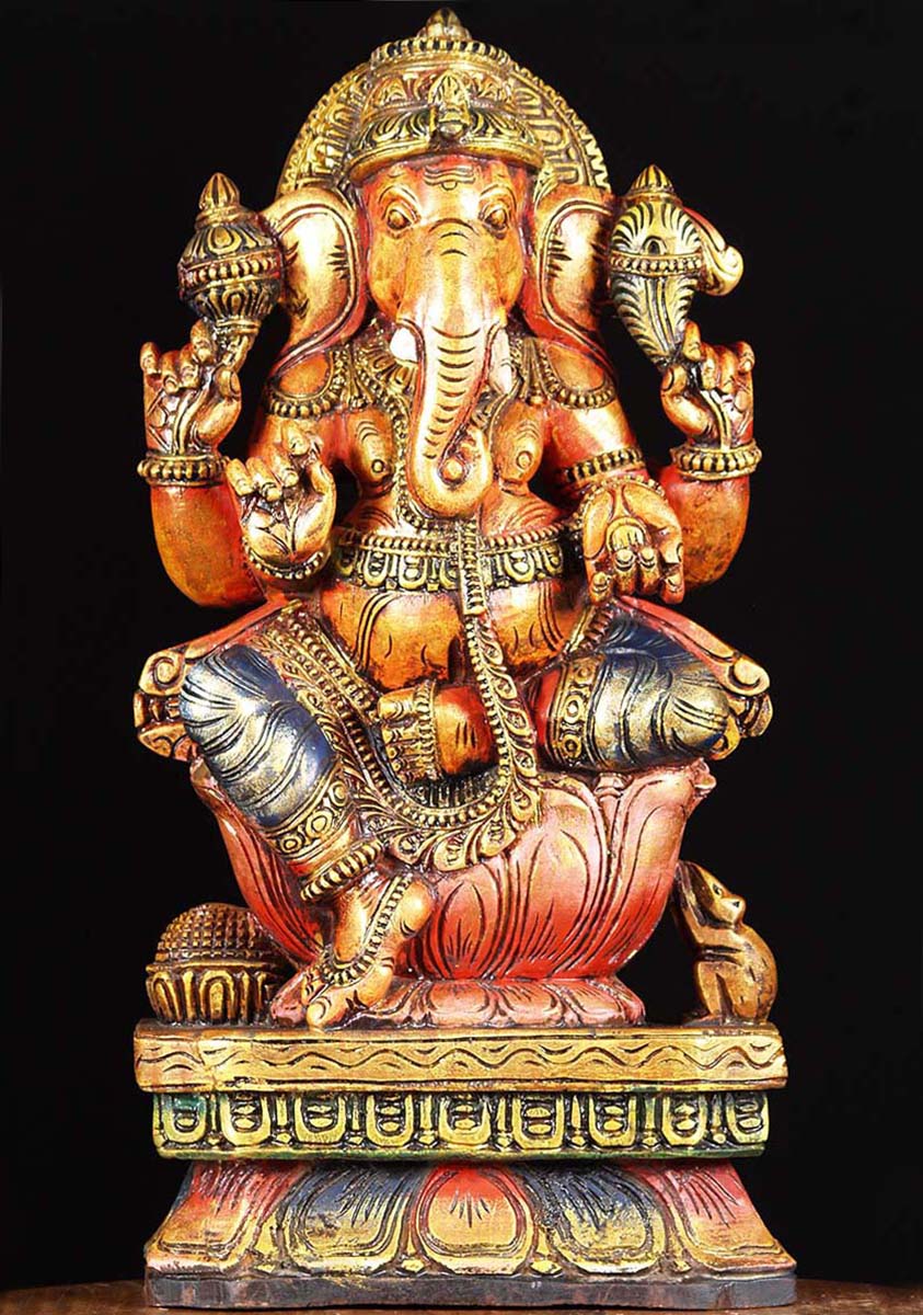 Wooden Painted Ganesha Statue 24"